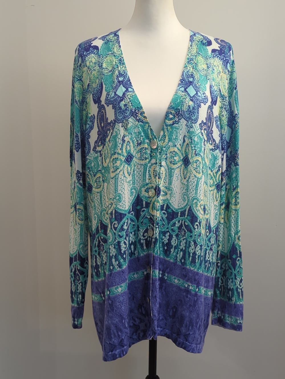 Chico's Paisley Mosaic Knit Button Down Cardigan Sweater Teal Purple SIZE 3